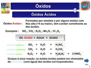 Óxidos
                             Óxidos Ácidos
                        Formados por ametais e por alguns metais com
Óxidos Ácidos :         Nox alto (+4 ou maior), têm caráter semelhante ao
                        dos ácidos.
 Exemplos :          SO3 ; CO2 ; N2O5 ; Mn2O7 ; Cl 2O6

              ÓX. ÁCIDO + ÁGUA = ÁCIDO

  anidrido sulfúrico      SO3     +   H2 O   =    H2SO4
  anidrido carbônico      CO2     +   H2 O   =    H2CO3
  anidrido nítrico       N2 O 5   +   H2 O   =    H 2 N 2O 6   =   2 HNO3
   Graças à essa reação, os óxidos ácidos podem ser chamados
   de anidridos (sem água) dos ácidos correspondentes.
                                                                            9
 