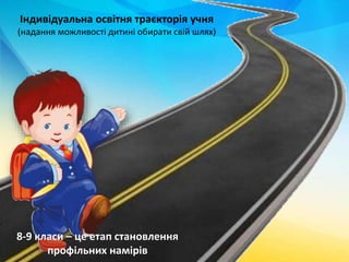 Індивідуальна освітня траєкторія учня
(надання можливості дитині обирати свій шлях)
8-9 класи – це етап становлення
профільних намірів
 