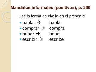 Mandatos informales (positivos), p. 386
 hablar 
 comprar 
 beber 
 escribir 
habla
compra
bebe
escribe
Usa la forma de él/ella en el presente
 