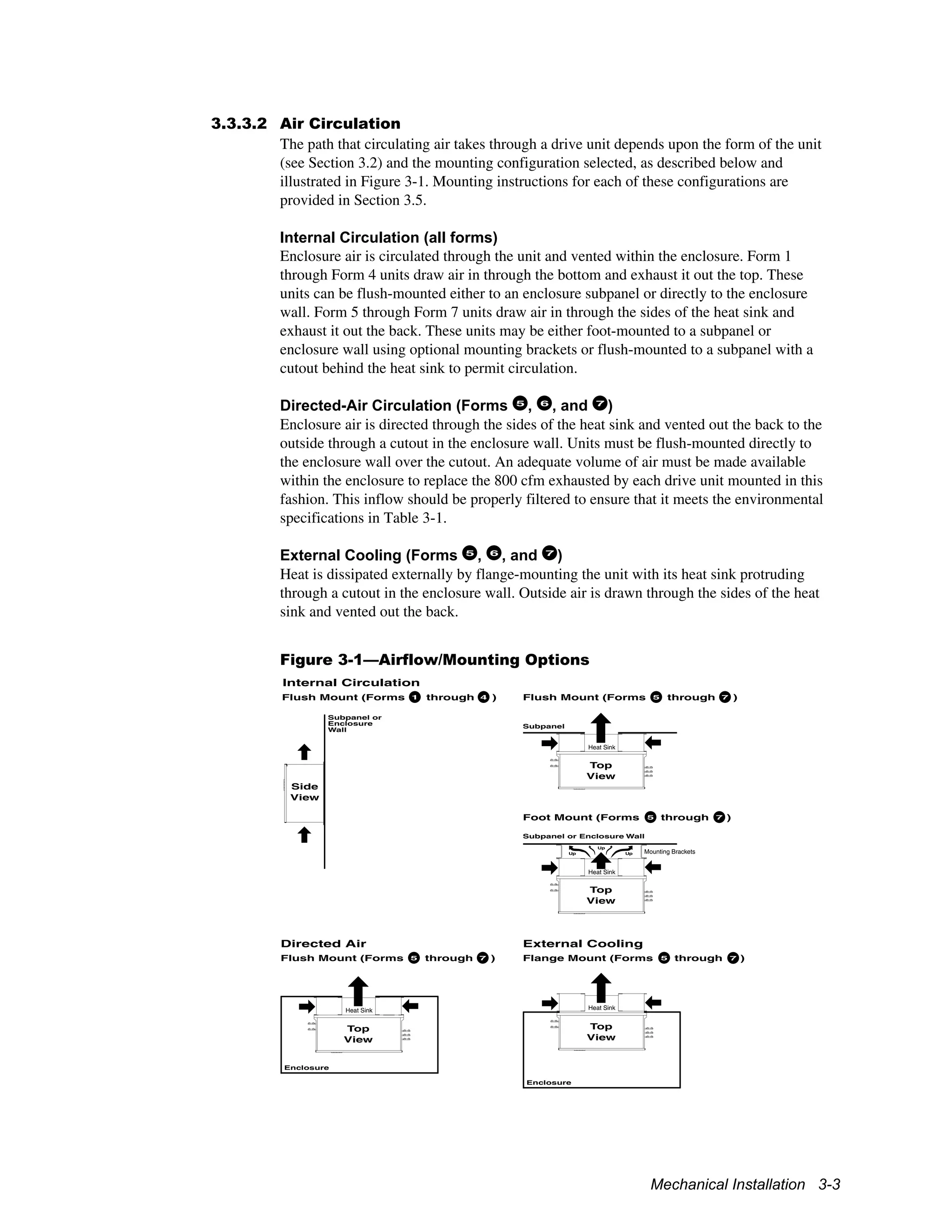 Mechanical Installation 3-3
3.3.3.2 Air Circulation
The path that circulating air takes through a drive unit depends upon the form of the unit
(see Section 3.2) and the mounting configuration selected, as described below and
illustrated in Figure 3-1. Mounting instructions for each of these configurations are
provided in Section 3.5.
Internal Circulation (all forms)
Enclosure air is circulated through the unit and vented within the enclosure. Form 1
through Form 4 units draw air in through the bottom and exhaust it out the top. These
units can be flush-mounted either to an enclosure subpanel or directly to the enclosure
wall. Form 5 through Form 7 units draw air in through the sides of the heat sink and
exhaust it out the back. These units may be either foot-mounted to a subpanel or
enclosure wall using optional mounting brackets or flush-mounted to a subpanel with a
cutout behind the heat sink to permit circulation.
Directed-Air Circulation (Forms 5
, 6
, and 7
)
Enclosure air is directed through the sides of the heat sink and vented out the back to the
outside through a cutout in the enclosure wall. Units must be flush-mounted directly to
the enclosure wall over the cutout. An adequate volume of air must be made available
within the enclosure to replace the 800 cfm exhausted by each drive unit mounted in this
fashion. This inflow should be properly filtered to ensure that it meets the environmental
specifications in Table 3-1.
External Cooling (Forms 5
, 6
, and 7
)
Heat is dissipated externally by flange-mounting the unit with its heat sink protruding
through a cutout in the enclosure wall. Outside air is drawn through the sides of the heat
sink and vented out the back.
Figure 3-1—Airflow/Mounting Options
Internal Circulation
Directed Air
Flush Mount (Forms 5 through 7 )5 7
Flush Mount (Forms 5 through 7 )5 7
Top
View
Subpanel
Top
View
Subpanel or Enclosure Wall
Up
Up
Up
Foot Mount (Forms 5 through 7 )5 7
External Cooling
Flange Mount (Forms 5 through 7 )5 7
Top
View
Enclosure
Heat Sink
Heat Sink
Mounting Brackets
Heat Sink
Top
View
Heat Sink
Enclosure
Side
View
Subpanel or
Enclosure
Wall
Flush Mount (Forms 5 through 7 )1 4
 