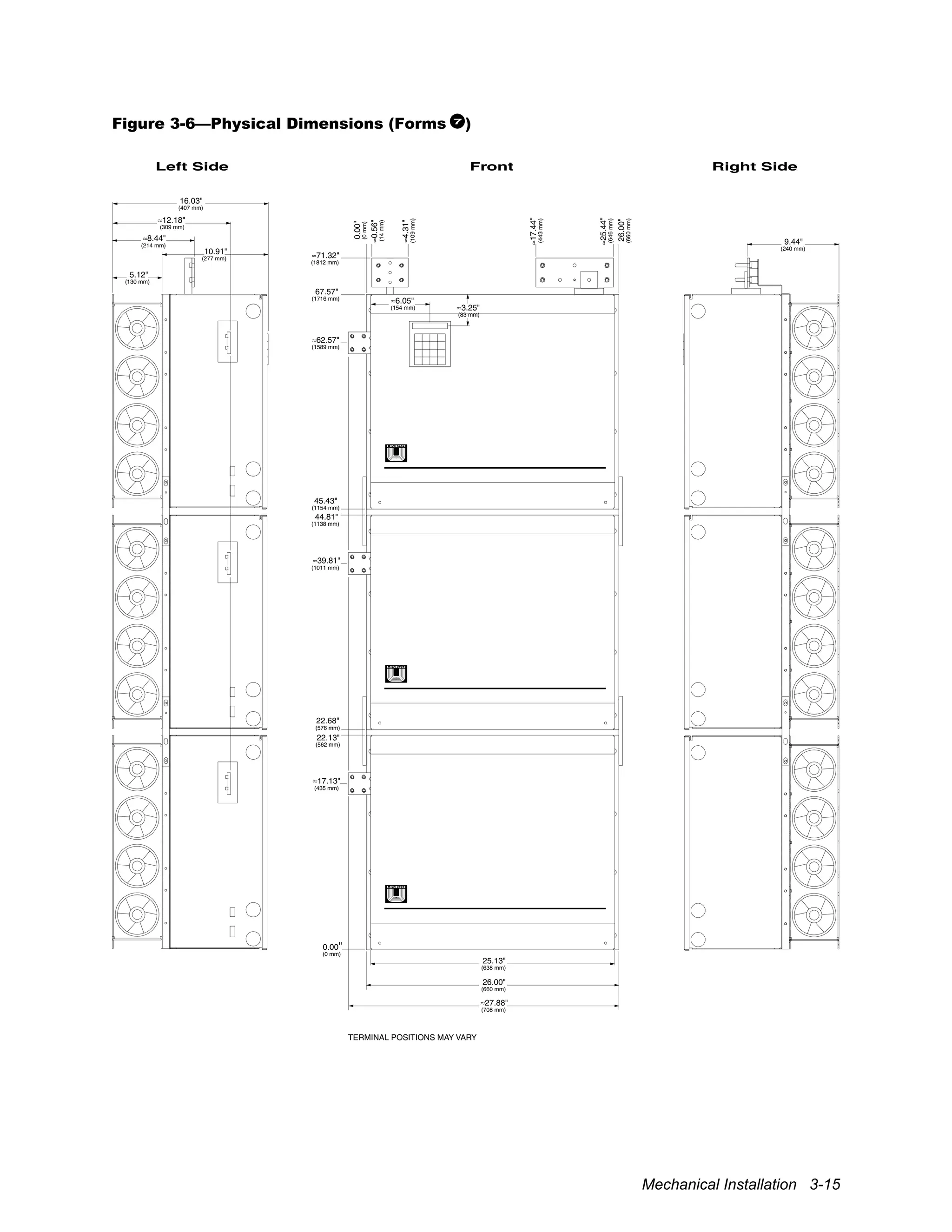 Mechanical Installation 3-15
Figure 3-6—Physical Dimensions (Forms 7
)
≈12.18"
(309 mm)
16.03"
(407 mm)
≈71.32"
(1812 mm)
67.57"
(1716 mm)
0.00"
(0mm)
≈0.56"
(14mm)
≈4.31"
(109mm)
≈17.44"
(443mm)
≈25.44"
(646mm)
26.00"
(660mm)
45.43"
(1154 mm)
44.81"
(1138 mm)
≈39.81"
(1011 mm)
22.68"
(576 mm)
22.13"
(562 mm)
0.00"
(0 mm)
26.00"
(660 mm)
≈27.88"
(708 mm)
9.44"
(240 mm)
25.13"
(638 mm)
≈17.13"
(435 mm)
≈62.57"
(1589 mm)
≈8.44"
(214 mm)
Left Side Front Right Side
TERMINAL POSITIONS MAY VARY
5.12"
(130 mm)
10.91"
(277 mm)
≈6.05"
(154 mm) ≈3.25"
(83 mm)
 