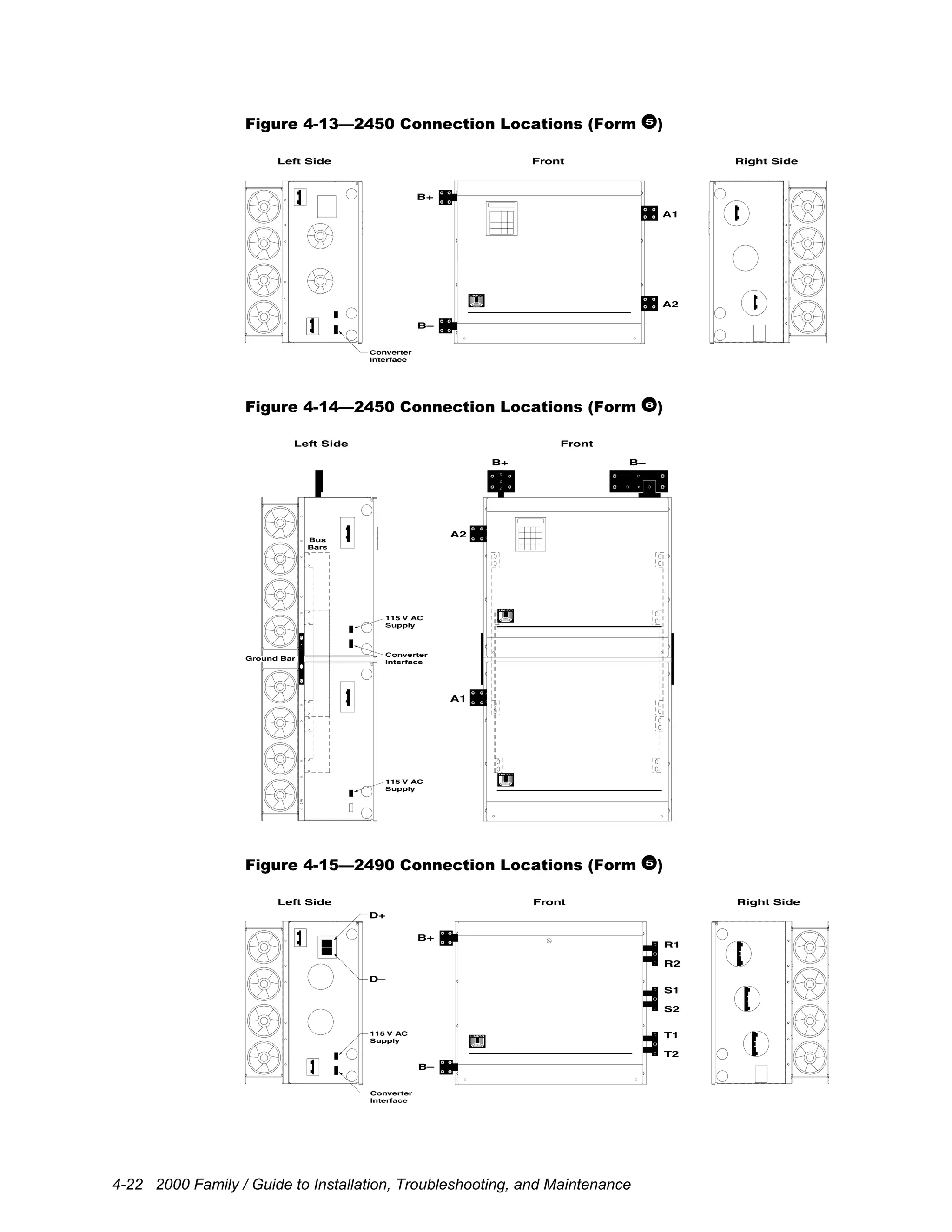 4-22 2000 Family / Guide to Installation, Troubleshooting, and Maintenance
Figure 4-13—2450 Connection Locations (Form 5
)
Left Side Right SideFront
B+
B–
A1
A2
Converter
Interface
Figure 4-14—2450 Connection Locations (Form 6
)
Left Side
B+
A2
Front
Ground Bar
Bus
Bars
B–
A1
115 V AC
Supply
Converter
Interface
115 V AC
Supply
Figure 4-15—2490 Connection Locations (Form 5
)
Left Side Right SideFront
B+
D+
D–
B–
R1
S1
T1
R2
S2
T2
115 V AC
Supply
Converter
Interface
 