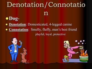 Denotation/Connotatio
n
Dog-
 Denotation: Domesticated, 4-legged canine
 Connotation: Smelly, fluffy, man’s best friend
playful, loyal, protective
 
