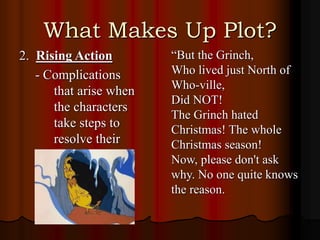 What Makes Up Plot?
2. Rising Action
- Complications
that arise when
the characters
take steps to
resolve their
conflicts
“But the Grinch,
Who lived just North of
Who-ville,
Did NOT!
The Grinch hated
Christmas! The whole
Christmas season!
Now, please don't ask
why. No one quite knows
the reason.
 