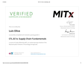 5/11/2016 MITx CTL.SC1x Certificate | edX
https://courses.edx.org/certificates/fe00523209214fc3b64c386f35b72585 1/1
V E R I F I E D
CERTIFICATE of ACHIEVEMENT
This is to certify that
Luis Oliva
successfully completed and received a passing grade in
CTL.SC1x: Supply Chain Fundamentals
a course of study oﬀered by MITx, an online learning initiative of the
Massachusetts Institute of Technology through edX.
Chris Caplice
Director, SCM MicroMaster’s Program
Massachusetts Institute of Technology
Sanjay Sarma
Vice President for Open Learning
Massachusetts Institute of Technology
VERIFIED CERTIFICATE
Issued May 9, 2016
VALID CERTIFICATE ID
fe00523209214fc3b64c386f35b72585
 