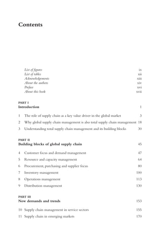 List of figuresix
List of tablesxii
Acknowledgementsxiii
About the authorsxiv
Prefacexvi
About this bookxvii
PART I
Introduction1
1 The role of supply chain as a key value driver in the global market 3
2 Why global supply chain management is also total supply chain management 18
3 Understanding total supply chain management and its building blocks 30
PART II
Building blocks of global supply chain45
4 Customer focus and demand management 47
5 Resource and capacity management 64
6 Procurement, purchasing and supplier focus 80
7 Inventory management 100
8 Operations management 113
9 Distribution management 130
PART III
New demands and trends153
10 Supply chain management in service sectors 155
11 Supply chain in emerging markets 170
Contents
 