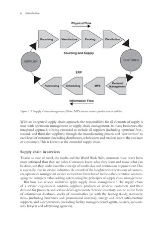 6 Introduction
With an integrated supply-chain approach, the responsibility for all elements of supply is
now with operations management or supply chain management. In many businesses, the
integrated approach is being extended to include all suppliers (including ‘upstream’ first-,
second- and third-tier suppliers) through the manufacturing process and ‘downstream’ to
each level of customer (including distributors,wholesalers and retailers out to the end user
or consumer).This is known as the extended supply chain.
Supply chain in services
Thanks to ease of travel, the media and the World Wide Web, customers have never been
more informed than they are today. Customers know what they want and know what can
be done,and they understand the concept of world-class and continuous improvement.This
is especially true in service industries.As a result of the heightened expectations of custom-
ers,operations managers in service sectors have been forced to focus their attention on man-
aging the complete value-adding system using the principles of supply chain management.
But how can service industries apply supply chain management? The supply chain
of a service organisation contains suppliers, products or services, customers and their
demand for products, and service-level agreements. Service inventory can be in the form
of information databases, stocks of consumables (as with the hotdog stand), stationery
items (including brochures and promotional material), energy and other infrastructure
suppliers, and subcontractors (including facility managers, travel agents, caterers, account-
ants, lawyers and advertising agencies).
SUPPLIER CUSTOMER
Receiving Manufacture Packing Distribution
Purchasing Scheduling MPS
Demand
Management
Sourcing and Supply
ERP
Physical Flow
Information Flow
Figure 1.1 Supply chain management (Note: MPS means master production schedule).
 