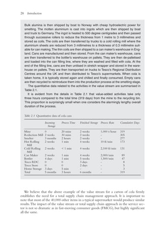 28 Introduction
Bulk alumina is then shipped by boat to Norway with cheap hydroelectric power for
smelting. The molten aluminium is cast into ingots which are then shipped by boat
and truck to Germany. The ingot is heated to 500 degree centigrades and then passed
through successive rollers to reduce the thickness from 1 metre to 3 millimetres and
stored as coils. The coils are then transferred by trucks to a cold rolling mill where the
aluminium sheets are reduced from 3 millimetres to a thickness of 0.3 millimetre suit-
able for can making.The thin coils are then shipped to a can maker’s warehouse in Eng-
land. Cans are manufactured and then stored. From the can maker’s warehouse, cans
are then transferred to the bottler’s warehouse on pallets. They are then de-palletised
and loaded into the can filling line, where they are washed and filled with cola. At the
end of the filling line, cans are then unitised in stretch wrapper and stored in the ware-
house on pallets. They are then transported on trucks to Tesco’s Regional Distribution
Centres around the UK and then distributed to Tesco’s supermarkets. When cola is
taken home, it is typically stored again and chilled and finally consumed. Empty cans
are then recycled to reintroduce them into the production process at the smelting stage.
The quantitative data related to the activities in the value stream are summarised in
Table 2.1.
It is evident from the details in Table 2.1 that value-added activities take only
three hours compared to the total time (319 days) from the mine to the recycling bin.
This proportion is surprisingly small when one considers the alarmingly lengthy overall
duration of the process.
Table 2.1 Quantitative data of cola cans
Incoming
Storage
ProcessTime Finished Storage Process Rate Cumulative Days
Mine 0 20 mins 2 weeks 1,000 t/hour 319
Reduction Mill 2 weeks 30 mins 2 weeks - 305
Smelter 3 months 2 hours 2 weeks - 277
Hot Rolling
Mill
2 weeks 1 min 4 weeks 10 ft/min 173
Cold Rolling
Mill
2 weeks  1 min 4 weeks 2,100 ft/min 131
Can Maker 2 weeks 1 min 4 weeks 2,000/min 89
Bottler 4 days 1 min 5 weeks 1,500/min 47
Tesco RDC 0 0 3 days - 8
Tesco Store 0 0 2 days - 5
Home Storage 3 days 5 min - - 3
Total 5 months 3 hours 6 months - 319
We believe that the above example of the value stream for a carton of cola firmly
establishes the need for a total supply chain management approach. It is important to
note that most of the 40,000 other items in a typical supermarket would produce similar
results.The impact of the value stream or total supply chain approach in the service sec-
tor is not so dramatic as in fast-moving consumer goods (FMCG), but highly significant
all the same.
 