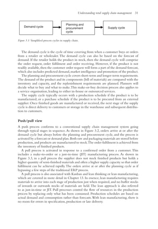 Understanding total supply chain management 31
The demand cycle is the cycle of time covering from when a customer buys or orders
from a retailer or wholesaler. The demand cycle can also be based on the forecast of
demand. If the retailer holds the product in stock, then the demand cycle will comprise
the order request, order fulfilment and order receiving. However, if the product is not
readily available, then the customer order request will form a part of the demand forecast,
which also includes predicted demand,market intelligence and promotion of the product.
The planning and procurement cycle covers short-term and longer-term requirements.
The demand of the product and its components (bill of materials) are compared with the
inventory and capacity, and the replenishment requirements are planned. Planners will
decide what to buy and what to make.This make-or-buy decision process also applies to
a service organisation, leading to either in-house or outsourced services.
The supply cycle typically occurs with a production schedule if the product is to be
manufactured, or a purchase schedule if the product is to be procured from an external
supplier. Once finished goods are manufactured or received, the next stage of the supply
cycle is direct delivery to customers or storage in the warehouse and subsequent distribu-
tion to customers.
Push/pull view
A push process conforms to a conventional supply chain management system going
through typical stages in sequence. As shown in Figure 3.2, orders arrive at or after the
demand cycle but always before the planning and procurement cycle, and the process is
activated by a forecast or demand plan.Both raw and packaging materials are stored before
production,and products are manufactured to stock.The order fulfilment is achieved from
the inventory of finished products.
A pull process is activated in response to a confirmed order from a customer. This
includes a make-to-order or a just-in-time (JIT) manufacturing process. As shown in
Figure 3.3, in a pull process the supplier does not stock finished products but holds a
higher quantity of semi-finished materials and often a higher supply capacity so that order
fulfilment can be achieved rapidly.The orders arrive at or after the planning cycle as if
bypassing a few steps of the traditional ERP process.
A pull process is also associated with Kanban and lean thinking or lean manufacturing,
which are covered in more detail in Chapter 13. In essence, lean manufacturing requires
materials to arrive into each stage of production just when required, and no buffer stocks
of inwards or outwards stocks of materials are held. The lean approach is also referred
to as just-in-time or JIT. Pull processes control the flow of resources in the production
process by replacing only what has been consumed. Production schedules are based on
actual demand and consumption rather than forecasts.With lean manufacturing, there is
no room for errors in specification, production or late delivery.
Demand cycle
Planning and
procurement
cycle
Supply cycle
Figure 3.1 Simplified process cycles in supply chain.
 