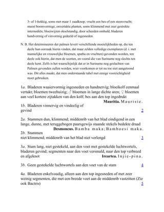 Mauritia. M a u r i s i e .
2
Desmoncus. B a m b a m a k a ; B a m b o e s i m a k a .
3
Ireartea. I n j i e - p i n a .
4
5
3- of 1-hokkig, soms met maar 1 zaadknop; vrucht een bes of een steenvrucht;
meest boomvormige, onvertakte planten, soms klimmend met zeer gestrekte
internodiën; bloeiwijzen okselstandig, door scheeden omhuld, bladeren
handvormig of vinvormig gedeeld of ingesneden.
N. B. Het determineeren der palmen levert verschillende moeielijkheden op, die ten
deele hun oorzaak hierin vinden, dat maar zelden volledige exemplaren (d. i. met
mannelijke en vrouwelijke bloemen, spatha en vruchten) gevonden worden, ten
deele ook hierin, dat men de soorten, en vooral die van Suriname nog slechts ten
deele kent. Zelfs is het waarschijnlijk dat er in Suriname nog geslachten van
Palmen gevonden zullen worden, wier voorkomen er tot nu toe niet aangetoond
was. Dit alles maakt, dat men onderstaande tabel met eenige voorzichtigheid
moet gebruiken.
1a. Bladeren waaiervormig ingesneden en handnervig; bloeikolf eenmaal
vertakt; bloemen tweehuizig; ♂ bloemen in lange dichte aren; ♀ bloemen
aan veel kortere zijtakken van den kolf; bes aan den top ingedrukt
1b. Bladeren vinnervig en vindeelig of
gevind
2a. Stammen dun, klimmend; middenrib van het blad eindigend in een
lange, dunne, met teruggebogen paarsgewijs staande stekels bedekte draad
2b. Stammen
niet klimmend; middenrib van het blad niet verlengd
3a. Stam lang, niet gestekeld, aan den voet met gestekelde luchtwortels,
bladeren gevind; segmenten naar den voet versmald, naar den top verbreed
en afgeknot
3b. Geen gestekelde luchtwortels aan den voet van de stam
4a. Bladeren enkelvoudig, alleen aan den top ingesneden of met zeer
weinig segmenten, die met een breede voet aan de middenrib vastzitten (Zie
ook Bactris)
 