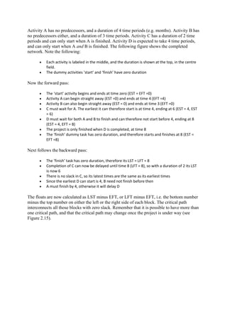 Activity A has no predecessors, and a duration of 4 time periods (e.g. months). Activity B has
no predecessors either, and a duration of 3 time periods. Activity C has a duration of 2 time
periods and can only start when A is finished. Activity D is expected to take 4 time periods,
and can only start when A and B is finished. The following figure shows the completed
network. Note the following:
• Each activity is labeled in the middle, and the duration is shown at the top, in the centre
field.
• The dummy activities ‘start’ and ‘finish’ have zero duration
Now the forward pass:
• The ‘start’ activity begins and ends at time zero (EST = EFT =0)
• Activity A can begin straight away (EST =0) and ends at time 4 (EFT =4)
• Activity B can also begin straight away (EST = 0) and ends at time 3 (EFT =0)
• C must wait for A. The earliest it can therefore start is at time 4, ending at 6 (EST = 4, EST
= 6)
• D must wait for both A and B to finish and can therefore not start before 4, ending at 8
(EST = 4, EFT = 8)
• The project is only finished when D is completed, at time 8
• The ‘finish’ dummy task has zero duration, and therefore starts and finishes at 8 (EST =
EFT =8)
Next follows the backward pass:
• The ‘finish’ task has zero duration, therefore its LST = LFT = 8
• Completion of C can now be delayed until time 8 (LFT = 8), so with a duration of 2 its LST
is now 6
• There is no slack in C, so its latest times are the same as its earliest times
• Since the earliest D can start is 4, B need not finish before then
• A must finish by 4, otherwise it will delay D
The floats are now calculated as LST minus EFT, or LFT minus EFT, i.e. the bottom number
minus the top number on either the left or the right side of each block. The critical path
interconnects all those blocks with zero slack. Remember that it is possible to have more than
one critical path, and that the critical path may change once the project is under way (see
Figure 2.15).
 