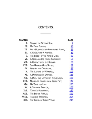 CONTENTS.
CHAPTER PAGE
I. Toward the Setting Sun, 7
II. My First Buffalo, 16
III. Wild Mustangs and Long-eared Nancy, 27
IV. A Grizzly and a Meeting, 39
V. The Speech of the Apache Chief, 52
VI. A Wish and Its Tragic Fulfilment, 60
VII. A Compact with the Kiowas, 68
VIII. Sam Hawkins Goes Spying, 82
IX. Waiting the Onslaught, 92
X. The Capture of Winnetou, 102
XI. A Difference of Opinion, 116
XII. A Duel, and Capture by the Apaches, 128
XIII. Nursed to Health for a Cruel Fate, 142
XIV. On Trial for Life, 155
XV. A Swim for Freedom, 168
XVI. Tangua’s Punishment, 180
XVII. The End of Rattler, 190
XVIII. Teaching Winnetou, 204
XIX. The Burial of Kleki-Petrah, 214
 