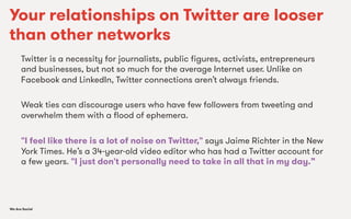 We Are SocialWe Are Social
Your relationships on Twitter are looser
than other networks
Twitter is a necessity for journalists, public ﬁgures, activists, entrepreneurs
and businesses, but not so much for the average Internet user. Unlike on
Facebook and LinkedIn, Twitter connections aren’t always friends.
Weak ties can discourage users who have few followers from tweeting and
overwhelm them with a ﬂood of ephemera.
"I feel like there is a lot of noise on Twitter," says Jaime Richter in the New
York Times. He’s a 34-year-old video editor who has had a Twitter account for
a few years. "I just don't personally need to take in all that in my day.”
 