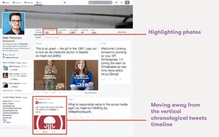 We Are SocialWe Are Social
Highlighting photos
Moving away from
the vertical
chronological tweets
timeline
 