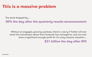We Are SocialWe Are Social
This is a massive problem
The stock dropped by…
30% the day after the quarterly results announcement
Without an engaged, growing userbase, there’s a worry if Twitter will ever
reach the mainstream status that Facebook has managed to, and can ever
show a signiﬁcant enough proﬁt for it’s crazy massive valuation…
$31 billion the day after IPO
 