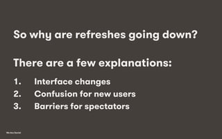 We Are Social
So why are refreshes going down?
There are a few explanations:
1.  Interface changes
2.  Confusion for new users
3.  Barriers for spectators
 