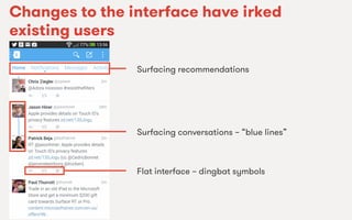 We Are SocialWe Are Social
Changes to the interface have irked
existing users
Flat interface – dingbat symbols
Surfacing conversations – “blue lines”
Surfacing recommendations
 