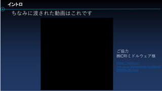 ちなみに渡された動画はこれです
イントロ
ご協力
㈱CRIミドルウェア様
https://www.cri-
mw.co.jp/alphamovie/qn39gm0
00000bo3b.html
 