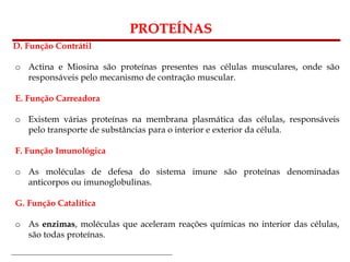 Bioquímica Celular – Prof. Júnior
PROTEÍNAS
D. Função Contrátil
o Actina e Miosina são proteínas presentes nas células musculares, onde são
responsáveis pelo mecanismo de contração muscular.
E. Função Carreadora
o Existem várias proteínas na membrana plasmática das células, responsáveis
pelo transporte de substâncias para o interior e exterior da célula.
F. Função Imunológica
o As moléculas de defesa do sistema imune são proteínas denominadas
anticorpos ou imunoglobulinas.
G. Função Catalítica
o As enzimas, moléculas que aceleram reações químicas no interior das células,
são todas proteínas.
 