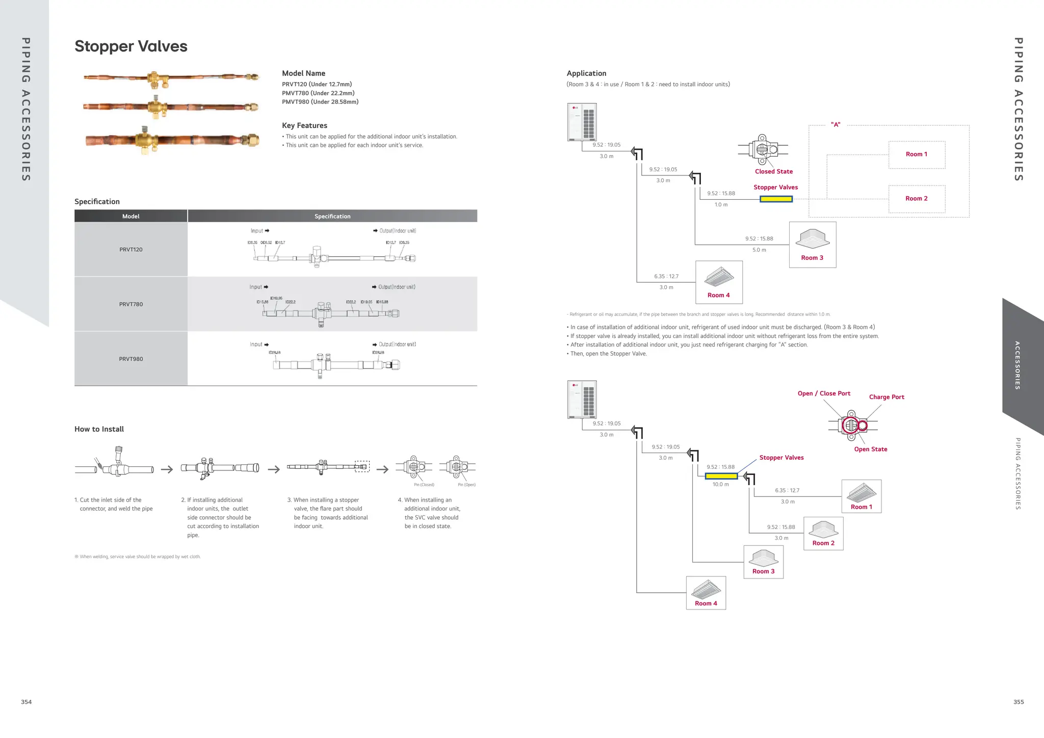 P
I
P
I
N
G
A
C
C
E
S
S
O
R
I
E
S
A
C
C
E
S
S
O
R
I
E
S
Stopper Valves
PRVT120 (Under 12.7mm)
PMVT780 (Under 22.2mm)
PMVT980 (Under 28.58mm)
Model Name
(Room 3 & 4 : in use / Room 1 & 2 : need to install indoor units)
Application
• This unit can be applied for the additional indoor unit’s installation.
• This unit can be applied for each indoor unit’s service.
Key Features
Model Speci cation
PRVT120
PRVT780
PRVT980
※ When welding, service valve should be wrapped by wet cloth.
- Refrigerant or oil may accumulate, if the pipe between the branch and stopper valves is long. Recommended distance within 1.0 m.
1. Cut the inlet side of the
connector, and weld the pipe
2. If installing additional
indoor units, the outlet
side connector should be
cut according to installation
pipe.
3. When installing a stopper
valve, the are part should
be facing towards additional
indoor unit.
4. When installing an
additional indoor unit,
the SVC valve should
be in closed state.
Pin (Closed) Pin (Open)
Speci cation
How to Install
• In case of installation of additional indoor unit, refrigerant of used indoor unit must be discharged. (Room 3 & Room 4)
• If stopper valve is already installed, you can install additional indoor unit without refrigerant loss from the entire system.
• After installation of additional indoor unit, you just need refrigerant charging for “A” section.
• Then, open the Stopper Valve.
Room 2
Room 1
9.52 : 19.05
9.52 : 19.05
3.0 m
3.0 m
3.0 m
1.0 m
5.0 m
9.52 : 15.88
9.52 : 15.88
6.35 : 12.7
"A"
Closed State
Stopper Valves
Room 4
Room 3
10.0 m
3.0 m
3.0 m
3.0 m
9.52 : 15.88
6.35 : 12.7
9.52 : 15.88
9.52 : 19.05
3.0 m
9.52 : 19.05
Stopper Valves
Open State
Open / Close Port
Charge Port
Room 4
Room 1
Room 2
Room 3
P
I
P
I
N
G
A
C
C
E
S
S
O
R
I
E
S
P
I
P
I
N
G
A
C
C
E
S
S
O
R
I
E
S
355
354
 