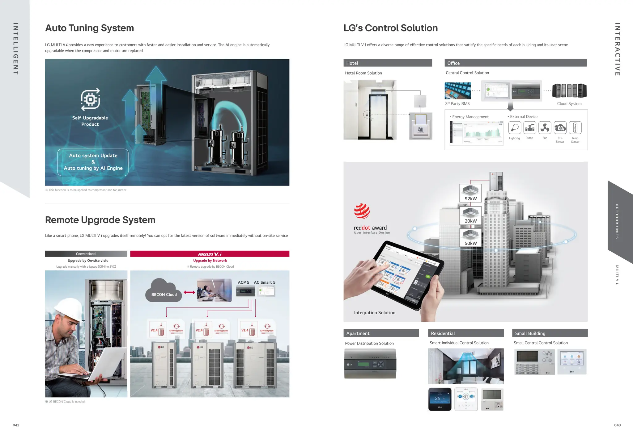 043
042
M
U
LT
I
V
i
O
U
T
D
O
O
R
U
N
I
T
S
Auto Tuning System
Remote Upgrade System
LG MULTI V i provides a new experience to customers with faster and easier installation and service. The AI engine is automatically
upgradable when the compressor and motor are replaced.
Like a smart phone, LG MULTI V i upgrades itself remotely! You can opt for the latest version of software immediately without on-site service
Self-Upgradable
Product
BECON Cloud
ACP 5 AC Smart 5
Auto system Update
&
Auto tuning by AI Engine
Upgrade by On-site visit Upgrade by Network
Upgrade manually with a laptop (O -line SVC) ※ Remote upgrade by BECON Cloud
※ This function is to be applied to compressor and fan motor.
※ LG BECON Cloud is needed.
Conventional
• External Device
Lighting Pump Fan Temp.
Sensor
CO2
Sensor
• Energy Management
LG’s Control Solution
LG MULTI V i o ers a diverse range of e ective control solutions that satisfy the speci c needs of each building and its user scene.
Hotel
Hotel Room Solution
O ce
Central Control Solution
3rd
Party BMS Cloud System
Residential
Smart Individual Control Solution
Apartment
Power Distribution Solution
Small Building
Small Central Control Solution
92kW
20kW
50kW
Integration Solution
I
N
T
E
R
A
C
T
I
V
E
I
N
T
E
L
L
I
G
E
N
T
 