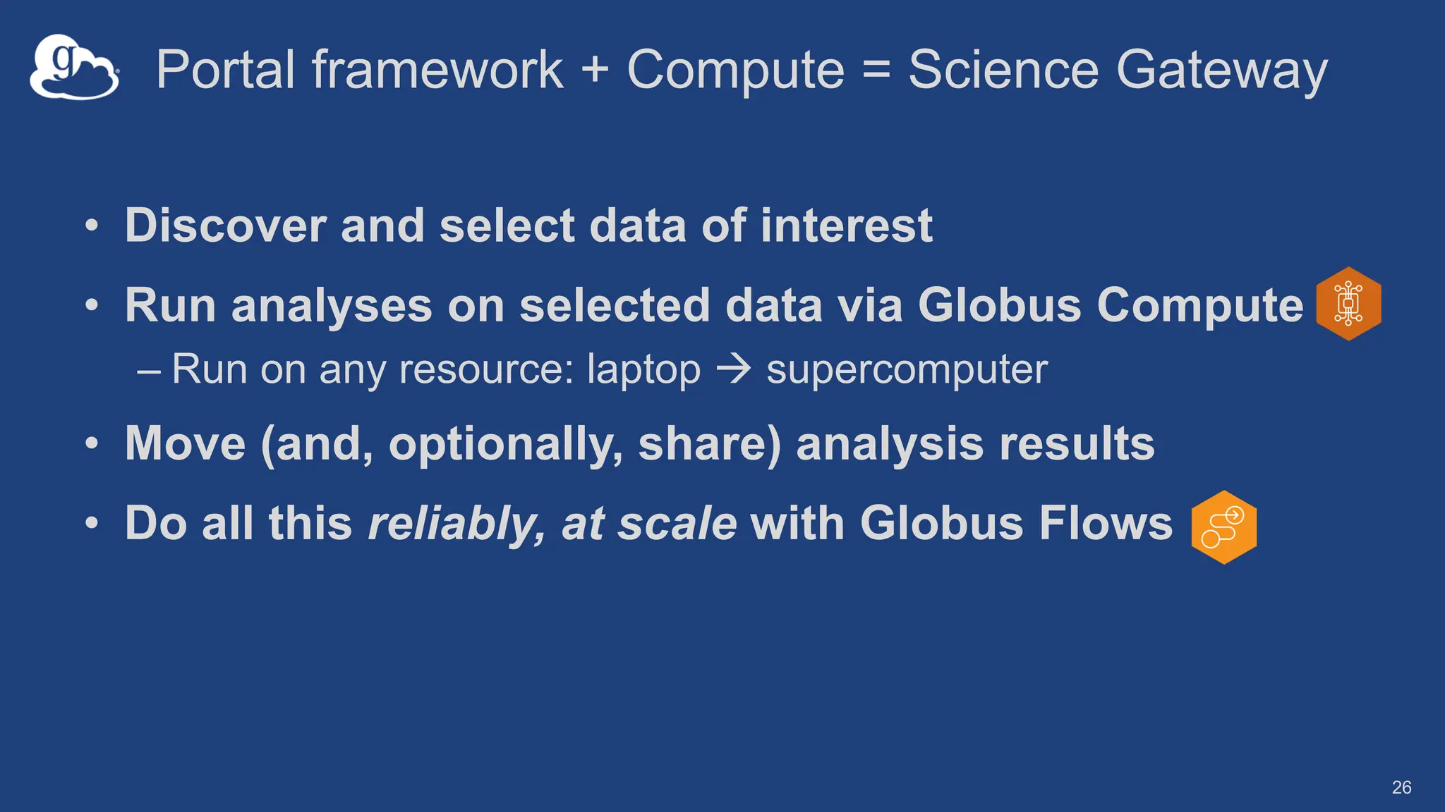 Portal framework + Compute = Science Gateway
• Discover and select data of interest
• Run analyses on selected data via Globus Compute
– Run on any resource: laptop à supercomputer
• Move (and, optionally, share) analysis results
• Do all this reliably, at scale with Globus Flows
26
 