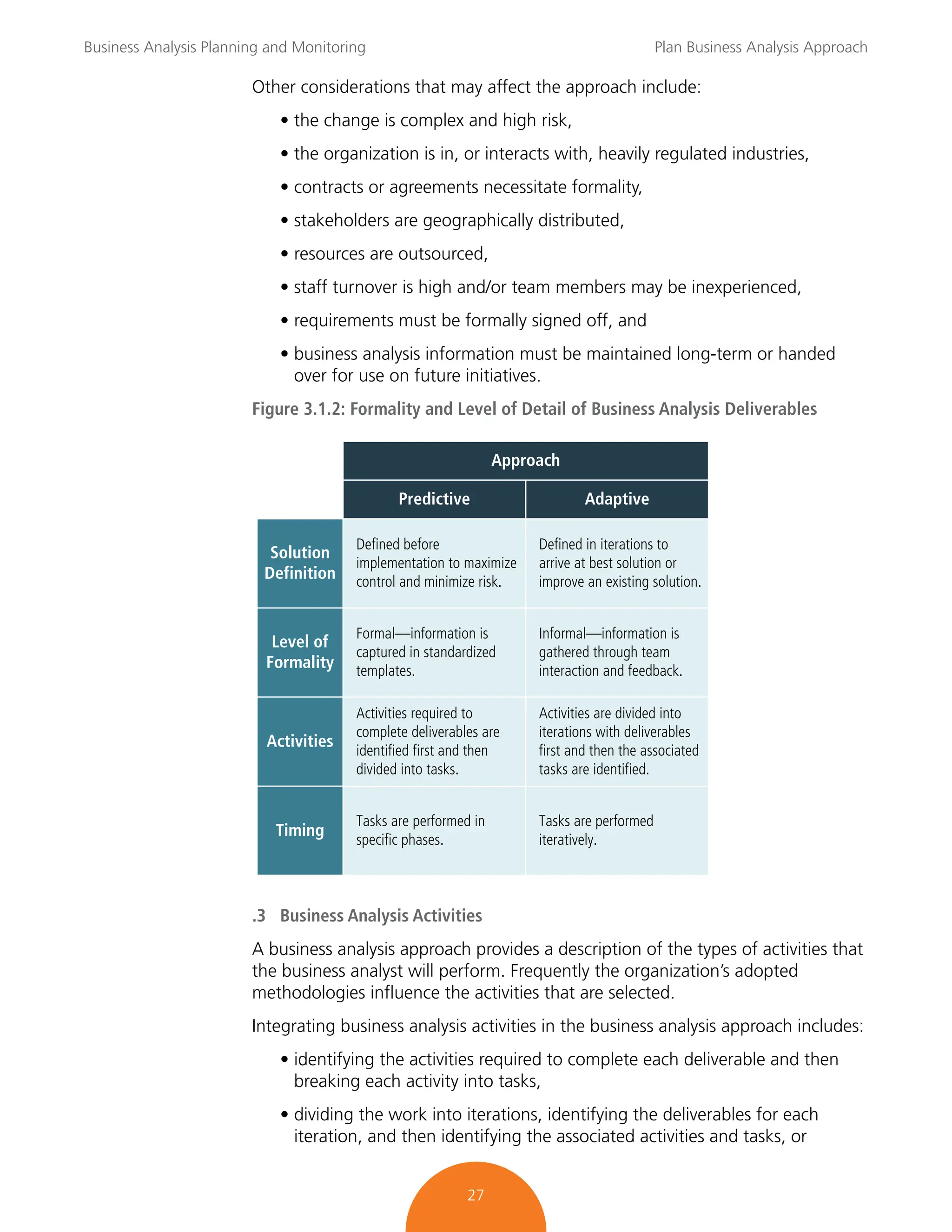 Business Analysis Planning and Monitoring Plan Business Analysis Approach
27
Other considerations that may affect the approach include:
• the change is complex and high risk,
• the organization is in, or interacts with, heavily regulated industries,
• contracts or agreements necessitate formality,
• stakeholders are geographically distributed,
• resources are outsourced,
• staff turnover is high and/or team members may be inexperienced,
• requirements must be formally signed off, and
• business analysis information must be maintained long-term or handed
over for use on future initiatives.
Figure 3.1.2: Formality and Level of Detail of Business Analysis Deliverables
.3 Business Analysis Activities
A business analysis approach provides a description of the types of activities that
the business analyst will perform. Frequently the organization’s adopted
methodologies influence the activities that are selected.
Integrating business analysis activities in the business analysis approach includes:
• identifying the activities required to complete each deliverable and then
breaking each activity into tasks,
• dividing the work into iterations, identifying the deliverables for each
iteration, and then identifying the associated activities and tasks, or
Predictive
Tasks are performed in
specific phases.
Tasks are performed
iteratively.
Solution
Definition
Level of
Formality
Activities
Timing
Activities required to
complete deliverables are
identified first and then
divided into tasks.
Activities are divided into
iterations with deliverables
first and then the associated
tasks are identified.
Formal—information is
captured in standardized
templates.
Informal—information is
gathered through team
interaction and feedback.
Defined before
implementation to maximize
control and minimize risk.
Defined in iterations to
arrive at best solution or
improve an existing solution.
Adaptive
Approach
 