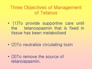Three Objectives of Management
of Tetanus
• (1)To provide supportive care until
the tetanospasmin that is fixed in
tissue has been metabolized
• (2)To neutralize circulating toxin
• (3)To remove the source of
tetanospasmin.
 