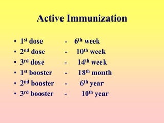 Active Immunization
• 1st dose - 6th week
• 2nd dose - 10th week
• 3rd dose - 14th week
• 1st booster - 18th month
• 2nd booster - 6th year
• 3rd booster - 10th year
 