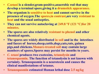 • C.tetani is a slender,gram-positive,anaerobic rod that may
develop a terminal spore,giving it a drumstick appearance.
• The organism is sensitive to heat and cannot survive in the
presence of oxygen.The spores,in contrast,are very resistant to
heat and the usual antiseptics.
• They can not survive autoclaving at 249.8 °F (121 °C)for 20
minutes.
• The spores are also relatively resistant to phenol and other
chemical agents.
• The spores are widely distributed in soil and in the intestines
and faeces of horses,sheep,cattle,dogs,cats,rats, guinea
pigs,and chickens.Manure-treated soil may contain large
numbers of spores.Spores may persist for months to years.
• C. tetani produces two exotoxins, tetanolysin and
tetanospasmin. The function of tetanolysin is not known with
certainty. Tetanospasmin is a neurotoxin and causes the
clinical manifestations of tetanus.
• Tetanospasmin estimated Human lethal dose 2.5 ng/kg
 