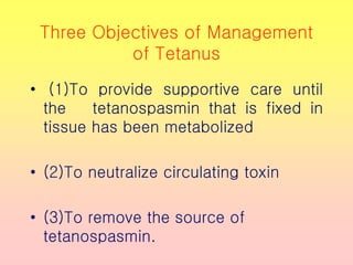 Three Objectives of Management
of Tetanus
• (1)To provide supportive care until
the tetanospasmin that is fixed in
tissue has been metabolized
• (2)To neutralize circulating toxin
• (3)To remove the source of
tetanospasmin.
 