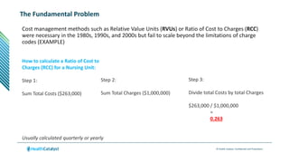 © Health Catalyst. Confidential and Proprietary.
The Fundamental Problem
Cost management methods such as Relative Value Units (RVUs) or Ratio of Cost to Charges (RCC)
were necessary in the 1980s, 1990s, and 2000s but fail to scale beyond the limitations of charge
codes (EXAMPLE)
How to calculate a Ratio of Cost to
Charges (RCC) for a Nursing Unit:
Step 1:
Sum Total Costs ($263,000)
Step 2:
Sum Total Charges ($1,000,000)
Step 3:
Divide total Costs by total Charges
$263,000 / $1,000,000
=
0.263
Usually calculated quarterly or yearly
 