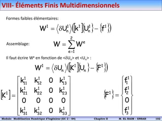 Formes faibles élémentaires:
    
 
1
1
n
1
1
n
1
f
U
k
U
W 





2
1
e
e
W
W
Assemblage:
Il faut écrire We en fonction de <Un> et <Un> :
    
 
1
n
1
n
1
F
U
K
U
W 


 















1
33
1
32
1
31
1
23
1
22
1
21
1
13
1
12
1
11
1
k
0
k
k
0
0
0
0
k
0
k
k
k
0
k
k
K  















1
3
1
2
1
1
1
f
0
f
f
F
VIII- Éléments Finis Multidimensionnels
Module: Modélisation Numérique 2 (GEER 2 – S3) Chapitre II M. EL HAIM – ENSAH 105
Module: Modélisation Numérique d’Ingénieur (GC 2 – S4) Chapitre II M. EL HAIM – ENSAH 102
 