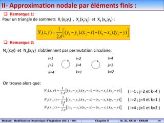 II- Approximation nodale par éléments finis :
 Remarque 2:
N2(x;y) et N3(x;y) s’obtiennent par permutation circulaire:
On trouve alors que:
( i=1 ; j=2 et k=4 )
( i=2 ; j=4 et k=1 )
( i=4 ; j=1 et k=2 )
i=1 i=2 i=4
j=2
k=2
k=1
j=4 j=1
k=4
 Remarque 1:
Pour un triangle de sommets Xi (xi;yi) , Xj (xj;yj) et Xk (xk;yk) :
 
1 4 2 2 4 2 2
1
( , ) ( ).(x ) (x ).(y )
2
N x y y y x x y
A
     
 
2 1 4 4 1 4 4
1
( , ) ( ).(x ) (x ).(y )
2
N x y y y x x y
A
     
 
3 2 1 1 2 1 1
1
( , ) ( ).(x ) (x ).(y )
2
N x y y y x x y
A
     
1
( , ) ( ).(x ) (x ).(y )
2
i k j j k j j
N x y y y x x y
A
 
     
 
Module: Modélisation Numérique d’Ingénieur (GC 2 – S4) Chapitre II M. EL HAIM – ENSAH 14
 