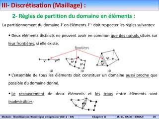 III- Discrétisation (Maillage) :
2- Règles de partition du domaine en éléments :
La partitionnement du domaine V en éléments V e doit respecter les règles suivantes:
 Deux éléments distincts ne peuvent avoir en commun que des nœuds situés sur
leur frontières, si elle existe.
 L’ensemble de tous les éléments doit constituer un domaine aussi proche que
possible du domaine donné.
 Le recouvrement de deux éléments et les trous entre éléments sont
inadmissibles:
V1
V2
V1 V2
V1
V2
Module: Modélisation Numérique d’Ingénieur (GC 2 – S4) Chapitre II M. EL HAIM – ENSAH 18
 