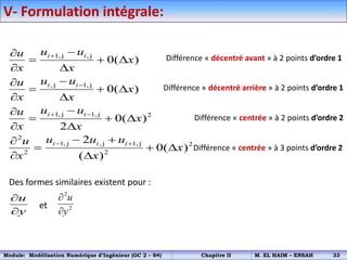 1, j , j
, j 1, j
1, j 1, j 2
2
1, j , j 1, j 2
2 2
0( )
0( )
0( )
2
2
0( )
( )
i i
i i
i i
i i i
u u
u
x
x x
u u
u
x
x x
u u
u
x
x x
u u u
u
x
x x


 
 


  
 


  
 


  
 
 

  
 
Différence « décentré arrière » à 2 points d’ordre 1
Différence « centrée » à 2 points d’ordre 2
Différence « décentré avant » à 2 points d’ordre 1
Différence « centrée » à 3 points d’ordre 2
Des formes similaires existent pour :
et
u
y


2
2
u
y


V- Formulation intégrale:
Module: Modélisation Numérique d’Ingénieur (GC 2 – S4) Chapitre II M. EL HAIM – ENSAH 33
 