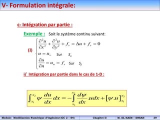 V- Formulation intégrale:
c- Intégration par partie :
Exemple : Soit le système continu suivant:
(I)
i/ Intégration par partie dans le cas de 1-D :
2 2
2 2
0
v v
s
n s
u u
f u f
x y
u u
u
u f
n
 
     

 





  



Sur Su
Sur Sf
 
2
2 2
1
1
1
. .
x
x x
x
x
x
du d
dx udx u
dx dx

 
  
 
Module: Modélisation Numérique d’Ingénieur (GC 2 – S4) Chapitre II M. EL HAIM – ENSAH 39
 