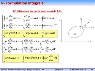 V- Formulation intégrale:
ii/ Intégration par partie dans le cas de 2-D :
. . .
. . .
x
A A
y
A A
u
dA u dA u n d
x x
u
dA u dA u n d
y y

 

 


 

   
  


 
    
  

  
  
. . .
A A
udA u dA u nd
  

     
  
2
2
2
2
x
A A
y
A A
u u u
dA dA n d
x x x x
u u u
dA dA n d
y y y y

 

 


    
   

   


   
    
    

  
  
.
A A
u
udA udA d
n
  


      

  
x
y
A
x
y
n
d

Module: Modélisation Numérique d’Ingénieur (GC 2 – S4) Chapitre II M. EL HAIM – ENSAH 40
 