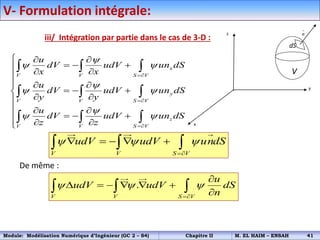 V- Formulation intégrale:
iii/ Intégration par partie dans le cas de 3-D :
De même :
x
V V S V
y
V V S V
z
V V S V
u
dV udV un dS
x x
u
dV udV un dS
y y
u
dV udV un dS
z z

 

 

 



  
  

 

  

  

 

  
  

 


  
  
  
V V S V
udV udV undS
  

    
  
.
V V S V
u
udV udV dS
n
  


     

  
z
y
x
n
V
dS
Module: Modélisation Numérique d’Ingénieur (GC 2 – S4) Chapitre II M. EL HAIM – ENSAH 41
 