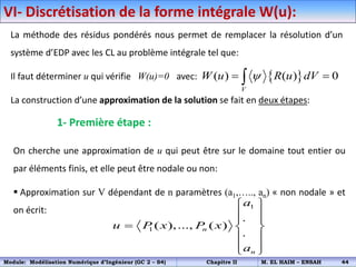 VI- Discrétisation de la forme intégrale W(u):
La méthode des résidus pondérés nous permet de remplacer la résolution d’un
système d’EDP avec les CL au problème intégrale tel que:
Il faut déterminer u qui vérifie W(u)=0 avec:
La construction d’une approximation de la solution se fait en deux étapes:
 
( ) ( ) 0
V
W u R u dV

 

1- Première étape :
On cherche une approximation de u qui peut être sur le domaine tout entier ou
par éléments finis, et elle peut être nodale ou non:
 Approximation sur V dépendant de n paramètres (a1,….., an) « non nodale » et
on écrit: 1
1
.
( ),..., ( )
.
n
n
a
u P x P x
a
 
 
 
  
 
 
 
Module: Modélisation Numérique d’Ingénieur (GC 2 – S4) Chapitre II M. EL HAIM – ENSAH 44
 
