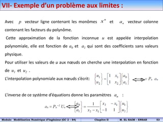 Avec p vecteur ligne contenant les monômes et vecteur colonne
contenant les facteurs du polynôme.
Cette approximation de la fonction inconnue u est appelée interpolation
polynomiale, elle est fonction de a0 et a1 qui sont des coefficients sans valeurs
physique.
Pour utiliser les valeurs de u aux nœuds on cherche une interpolation en fonction
de u1 et u2 .
L’interpolation polynomiale aux nœuds s’écrit:
L’inverse de ce système d’équations donne les paramètres an :
n
x n
a
VII- Exemple d’un problème aux limites :


Module: Modélisation Numérique d’Ingénieur (GC 2 – S4) Chapitre II M. EL HAIM – ENSAH 53
 