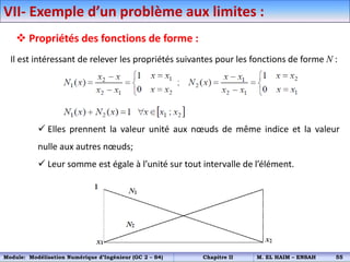  Propriétés des fonctions de forme :
Il est intéressant de relever les propriétés suivantes pour les fonctions de forme N :
 Elles prennent la valeur unité aux nœuds de même indice et la valeur
nulle aux autres nœuds;
 Leur somme est égale à l’unité sur tout intervalle de l’élément.
VII- Exemple d’un problème aux limites :
Module: Modélisation Numérique d’Ingénieur (GC 2 – S4) Chapitre II M. EL HAIM – ENSAH 55
 