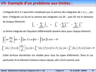 L’intégrale de 0 à 2 peut être remplacée par la somme des intégrales de xi à xi+1 (ou
bien: l’intégrale sur Ω est la somme des intégrales sur Ωe , avec Ωe est le domaine
de chaque élément):
La forme intégrale de l’équation différentielle devient alors pour chaque élément:
Cette écriture discrétisée est valable pour tous les types d’éléments. Dans le cas
particulier d’un élément linéaire à deux nœuds, elle s’écrit comme suit:
VII- Exemple d’un problème aux limites :
         
2 2 2
1 1 1
( ) ( ) 2 ( ) 2 0
x x x
i
i i i i i i i i i
x x x
dN
u N x u dx u N x x N u dx u N x xdx
dx
  
  
  
   
2 2 2
1 1 1
.2 . 2 0
x x x
x x x
du
dx x u dx xdx
dx
  
 
  
 
 
  
Module: Modélisation Numérique d’Ingénieur (GC 2 – S4) Chapitre II M. EL HAIM – ENSAH 57
 