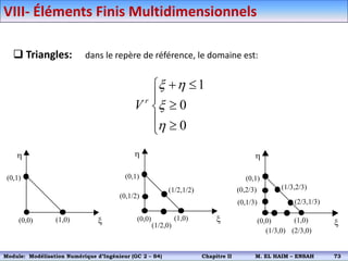  Triangles: dans le repère de référence, le domaine est:
1
0
0
r
V
x h
x
h
 




 

(0,1)
(1,0)
(0,0) x
h
(0,1)
(1,0)
(0,0) x
h
(1/2,1/2)
(1/2,0)
(0,1/2)
(0,1)
(1,0)
(0,0) x
h
(0,1/3)
(0,2/3)
(1/3,0) (2/3,0)
(2/3,1/3)
(1/3,2/3)
VIII- Éléments Finis Multidimensionnels
Module: Modélisation Numérique 2 (GEER 2 – S3) Chapitre II M. EL HAIM – ENSAH 76
Module: Modélisation Numérique d’Ingénieur (GC 2 – S4) Chapitre II M. EL HAIM – ENSAH 73
 