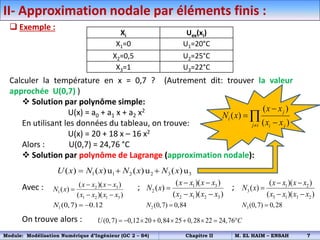 II- Approximation nodale par éléments finis :
 Exemple :
Calculer la température en x = 0,7 ? (Autrement dit: trouver la valeur
approchée U(0,7) )
 Solution par polynôme simple:
U(x) = a0 + a1 x + a2 x2
En utilisant les données du tableau, on trouve:
U(x) = 20 + 18 x – 16 x2
Alors : U(0,7) = 24,76 °C
 Solution par polynôme de Lagrange (approximation nodale):
Avec : ; ;
On trouve alors :
Xi Uex(xi)
X1=0 U1=20°C
X2=0,5 U2=25°C
X3=1 U3=22°C
1 1 2 2 3 3
( ) ( )u ( )u ( )u
U x N x N x N x
  
2 3
1
1 2 1 3
( )( )
( )
( )( )
x x x x
N x
x x x x
 

 
1 3
2
2 1 2 3
( )( )
( )
( )( )
x x x x
N x
x x x x
 

 
1 2
3
3 1 3 2
( )( )
( )
( )( )
x x x x
N x
x x x x
 

 
1(0,7) 0.12
N   2 (0,7) 0,84
N  3(0,7) 0,28
N 
( )
( )
( )
j
i
j i i j
x x
N x
x x





(0,7) 0,12 20 0,84 25 0,28 22 24,76
U C
        
Module: Modélisation Numérique d’Ingénieur (GC 2 – S4) Chapitre II M. EL HAIM – ENSAH 7
 