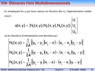 En remplaçant les ai par leurs valeurs en fonction des Ui, l’approximation nodale
s’écrit :











k
j
i
3
2
1
U
U
U
)
y
,
x
(
N
),
y
,
x
(
N
),
y
,
x
(
N
)
y
,
x
(
u
où les fonctions d’interpolation sont données par :
     
 
     
 
     
 



























y
y
x
x
x
x
y
y
A
2
1
)
y
,
x
(
N
y
y
x
x
x
x
y
y
A
2
1
)
y
,
x
(
N
y
y
x
x
x
x
y
y
A
2
1
)
y
,
x
(
N
i
i
j
i
i
j
3
k
k
i
k
k
i
2
j
j
k
j
j
k
1
VIII- Éléments Finis Multidimensionnels
Module: Modélisation Numérique 2 (GEER 2 – S3) Chapitre II M. EL HAIM – ENSAH 84
Module: Modélisation Numérique d’Ingénieur (GC 2 – S4) Chapitre II M. EL HAIM – ENSAH 81
 