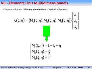 L’interpolation sur l’élément de référence s’écrit simplement :










h
x
h
x
h
x

h
x
k
j
i
3
2
1
U
U
U
)
,
(
N
),
,
(
N
),
,
(
N
)
,
(
u





h

h
x
x

h
x
h

x


h
x
)
,
(
N
)
,
(
N
1
)
,
(
N
3
2
1
VIII- Éléments Finis Multidimensionnels
Module: Modélisation Numérique 2 (GEER 2 – S3) Chapitre II M. EL HAIM – ENSAH 85
Module: Modélisation Numérique d’Ingénieur (GC 2 – S4) Chapitre II M. EL HAIM – ENSAH 82
 