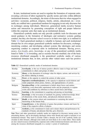In turn, institutional norms are used to regulate the formation of corporate units,
revealing a division of labor regulated by speciﬁc norms and roles within different
institutional domains. Accordingly, the terms of discourse that rise when engaged in
activities—economic, political, religious, family, artistic, educational, etc.—even-
tually are codiﬁed into a generalized medium for engaging in not only discourse but
in exchanges among individuals. Moreover, generalized media moralize human
action and interaction by generating conceptions of right and proper behavior
within the corporate units that make up an institutional domain.
Generalized symbolic media not only provide symbolic tools for discourse and
moral guidance in the formation of ideologies and normative systems guiding
conduct, but they also become valued resources in their own right, as is outlined in
Table 1.2. Each generalized medium is valuable to humans and each institutional
domain has its own unique generalized symbolic medium for discourse, exchange,
moralizing conduct, and developing cultural systems like ideologies and norms
organizing conduct in corporate units in institutional domains. Having power,
money, love-loyalty, piety, knowledge, or any of the generalized symbolic media
listed in Table 1.2 is rewarding, and as societies become stratiﬁed, one of the basic
resources distributed unequally is the generalized symbolic media of various
institutional domains that, in turn, activate other valued states such has positive
Table 1.2 Generalized symbolic media of institutional domains
Kinship Love/loyalty, or the use of intense positive affective states to forge and mark
commitments to others and groups of others
Economy Money, or the denotation of exchange value for objects, actions, and services by
the metrics inhering in money
Polity Power, or the capacity to control the actions of other actors
Law Imperative coordination/justice, or the capacity to adjudicate social relations and
render judgments about justice, fairness, and appropriateness of actions
Religion Sacredness/Piety, or the commitment to beliefs about forces and entities
inhabiting a non-observable supernatural realm and the propensity to explain
events and conditions by references to these sacred forces and beings
Education Learning, or the commitment to acquiring and passing on knowledge
Science Knowledge, or the invocation of standards for gaining veriﬁed knowledge about
all dimensions of the social, biotic, and physical–chemical universes
Medicine Health, or the concern about and commitment to sustaining the normal
functioning of the human body
Sport Competitiveness, or the deﬁnition of games that produce winners and losers by
virtue of the respective efforts of players
Arts Aesthetics, or the commitment to make and evaluate objects and performances by
standards of beauty and pleasure that they give observers
Note These and other generalized symbolic media are employed in discourse among actors, in
articulating themes, and in developing ideologies about what should and ought to transpire in an
institutional domain. They tend to circulate within a domain, but all of the symbolic media can
circulate in other domains, although some media are more likely to do so than others. These media
are also valued resources distributed by corporate units within institutional domains and, hence, are
among the resources distributed unequally in a society’s system of stratiﬁcation
6 1 Fundamental Properties of Societies
 