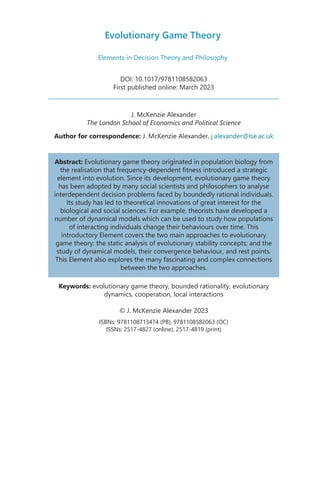 Evolutionary Game Theory J Mckenzie Alexander | PDF