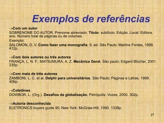 27
Exemplos de referências
Com um autor
SOBRENOME DO AUTOR, Prenome abreviado. Título: subtítulo. Edição. Local: Editora,
ano. Número total de páginas ou de volumes.
Exemplo:
SALOMON, D. V. Como fazer uma monografia. 9. ed. São Paulo: Martins Fontes, 1999.
412p.
Com dois autores ou três autores
FRANÇA, L. N. F.; MATSUMURA, A. Z. Mecânica Geral. São paulo; Edgard Blücher, 2001.
235p.
Com mais de três autores
ZAMBONI, L. C. et al. Delphi para universitários. São Paulo; Páginas e Letras, 1999.
406p.
Coletânea
DOWBOR, L. (Org.). Desafios da globalização. Petrópolis: Vozes, 2000. 302p.
Autoria desconhecida
ELETRONICS buyers guide 90. New York: McGraw-Hill, 1990. 1338p.
 